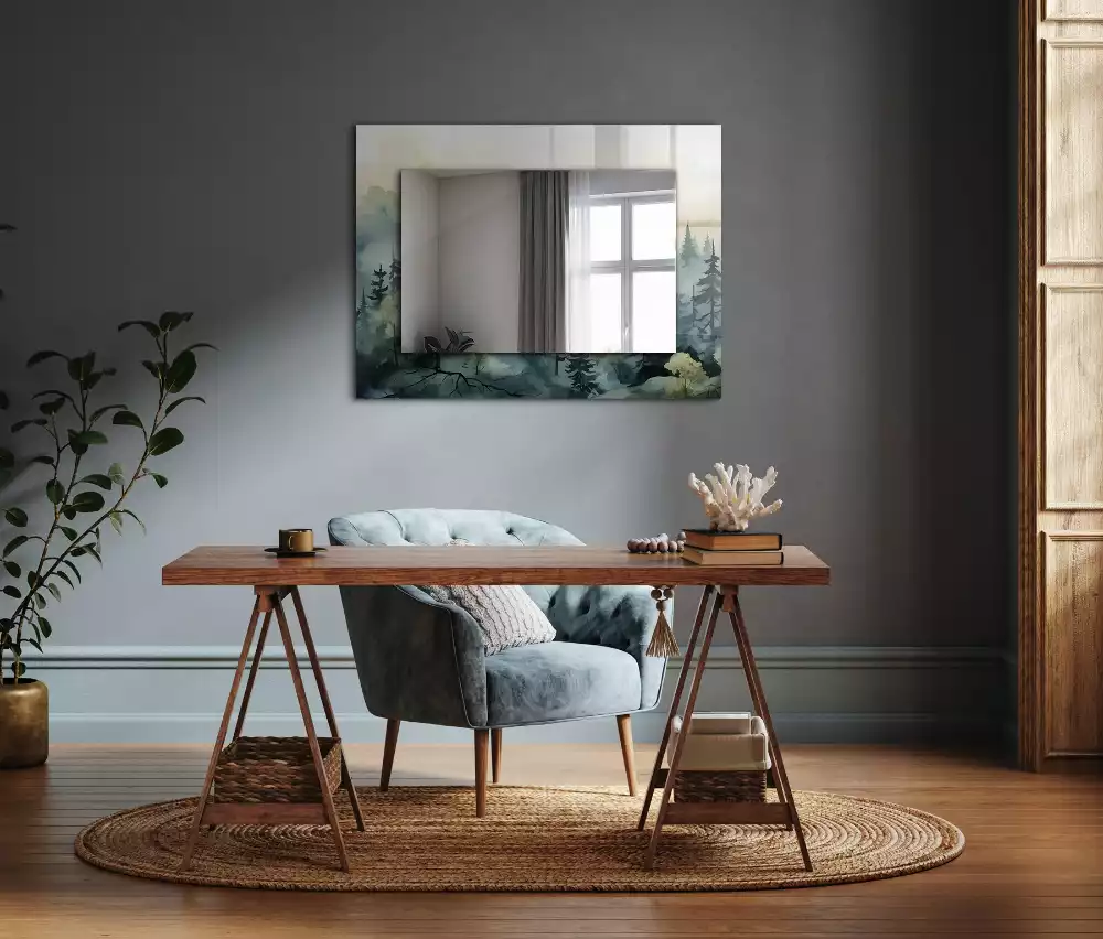 Miroir rectangulaire avec cadre imprimé forêt dans la brume