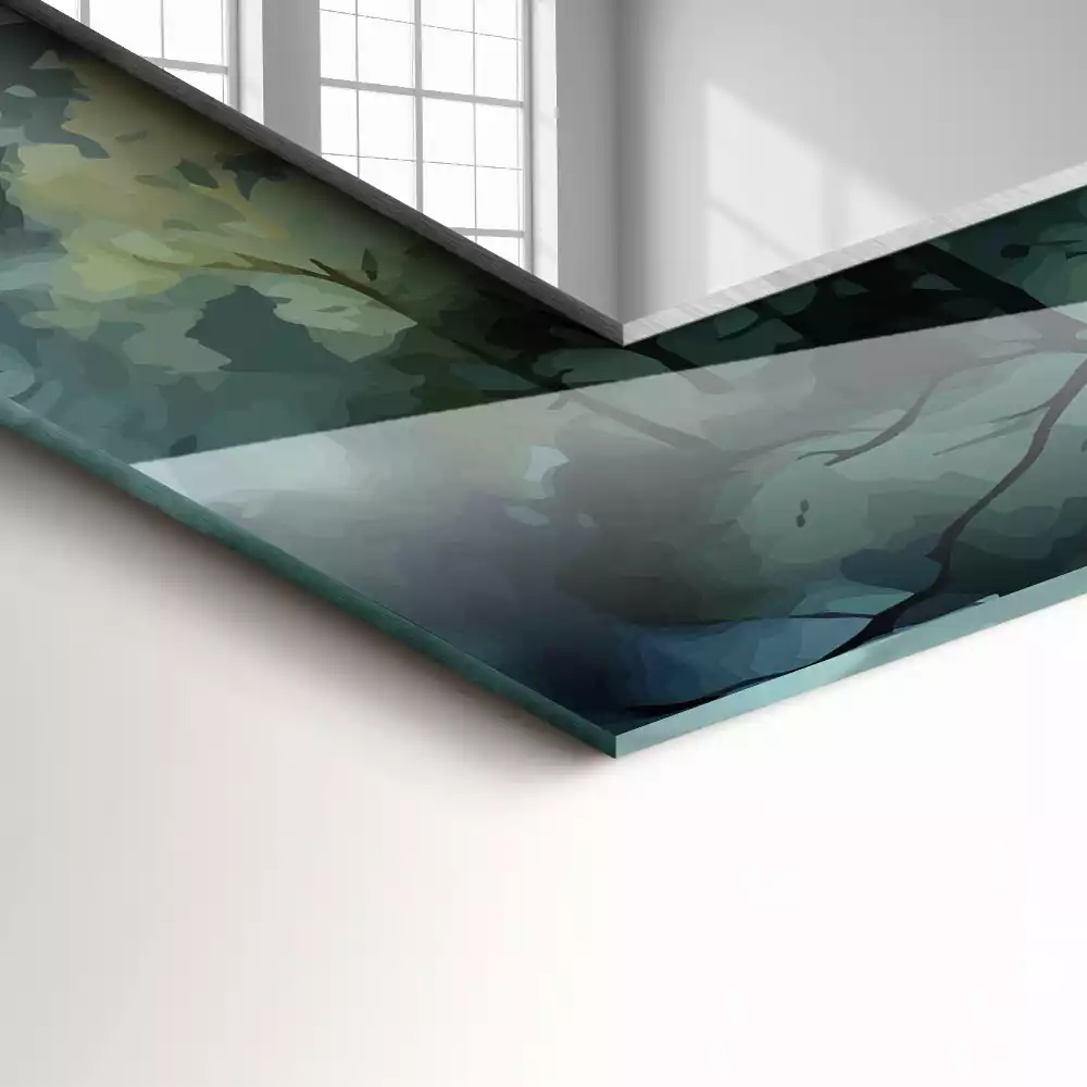 Miroir rectangulaire avec cadre imprimé forêt dans la brume