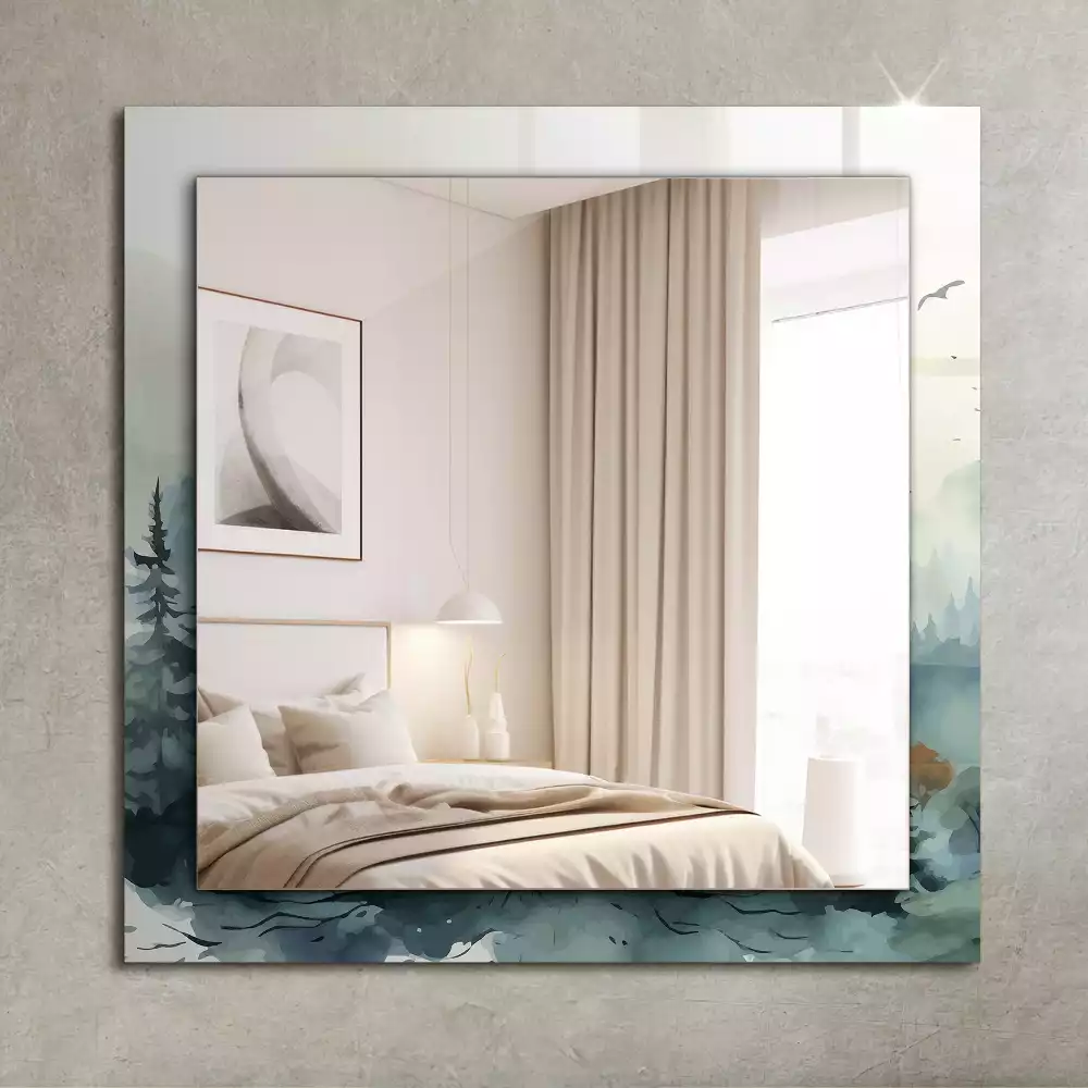 Miroir rectangulaire avec cadre imprimé forêt dans la brume