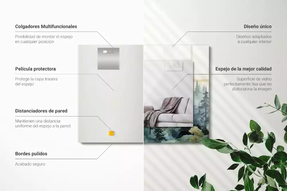 Miroir rectangulaire avec cadre imprimé forêt dans la brume