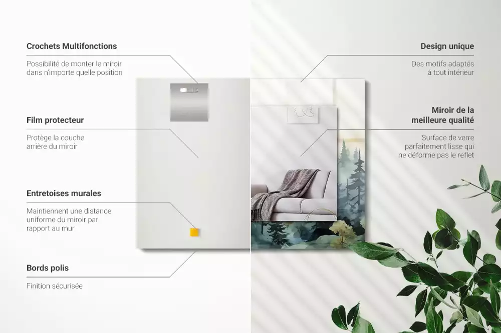 Miroir rectangulaire avec cadre imprimé forêt dans la brume