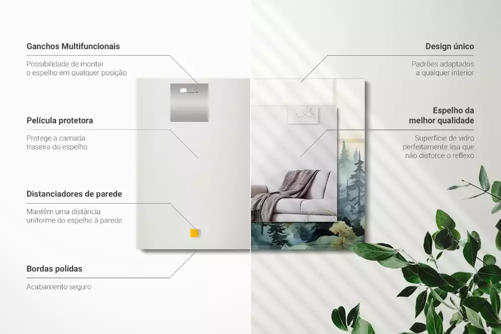 Miroir rectangulaire avec cadre imprimé forêt dans la brume