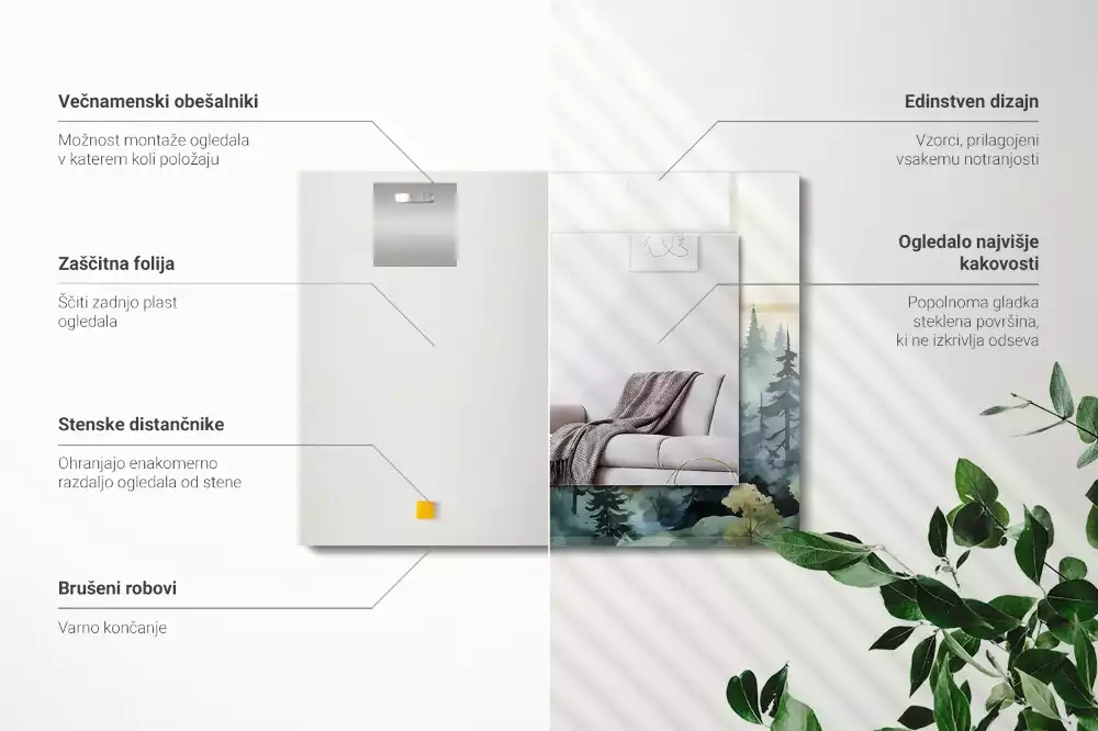 Miroir rectangulaire avec cadre imprimé forêt dans la brume