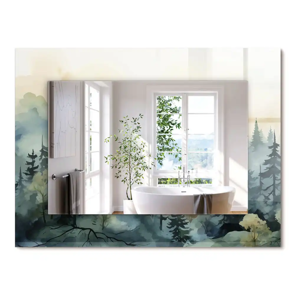 Miroir rectangulaire avec cadre imprimé forêt dans la brume