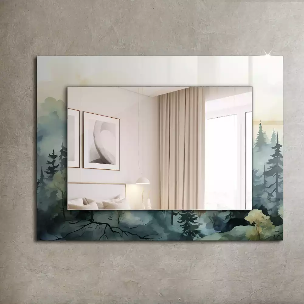 Miroir rectangulaire avec cadre imprimé forêt dans la brume