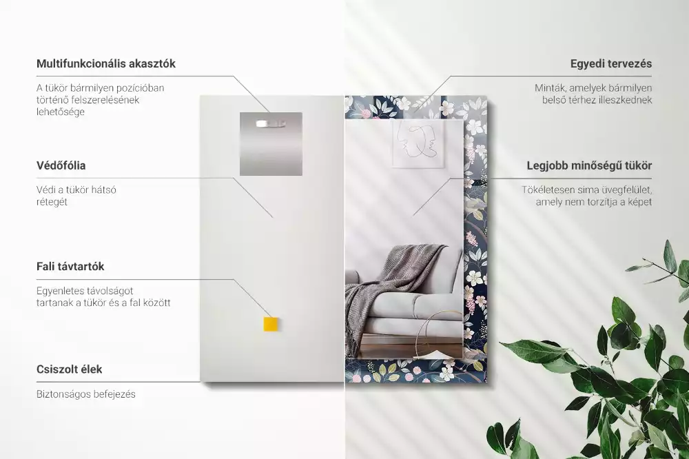 Miroir rectangulaire imprimé fleurs feuilles et oiseaux