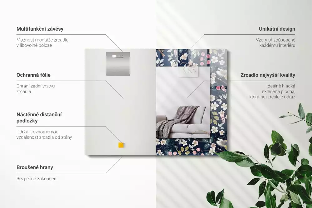 Miroir rectangulaire imprimé fleurs feuilles et oiseaux