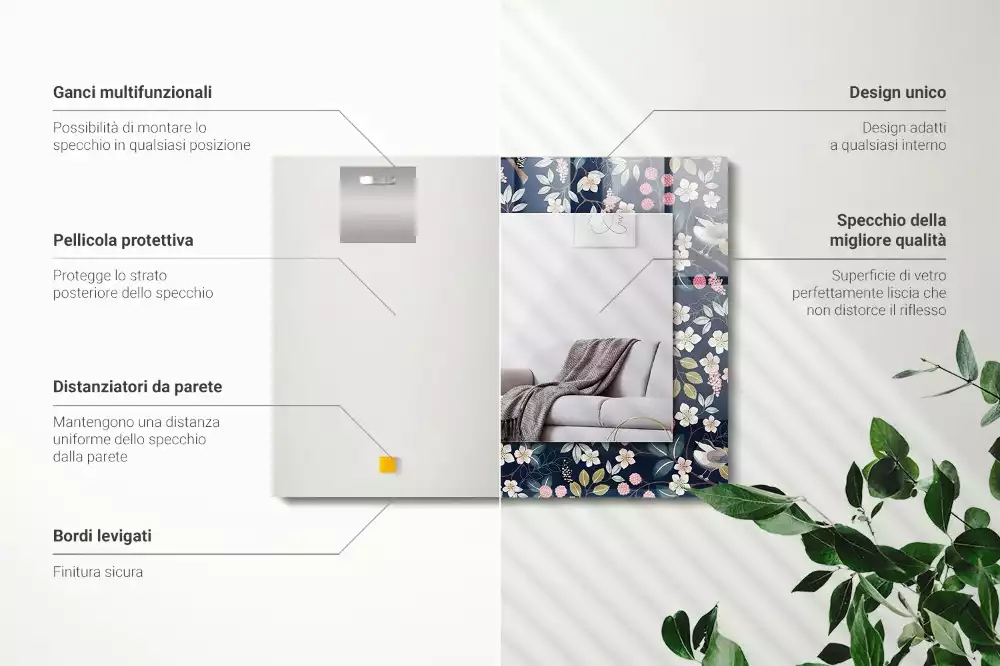 Miroir rectangulaire imprimé fleurs feuilles et oiseaux