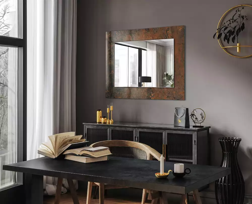 Miroir rectangulaire avec cadre imprimé métal rouillé
