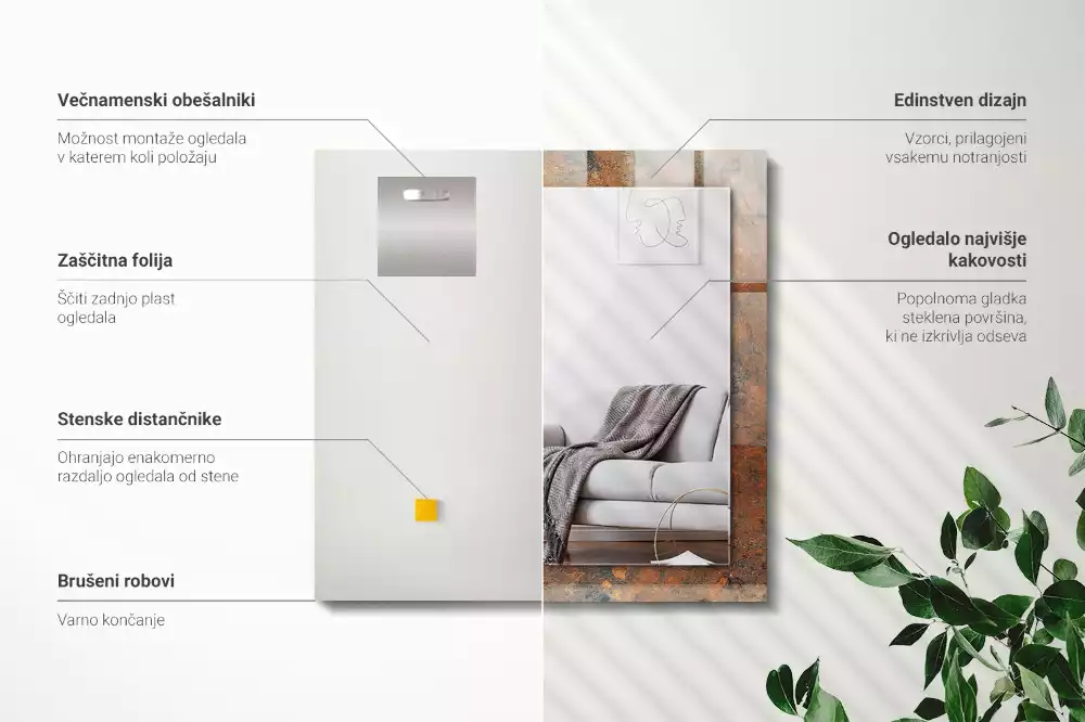 Miroir rectangulaire avec cadre imprimé métal rouillé