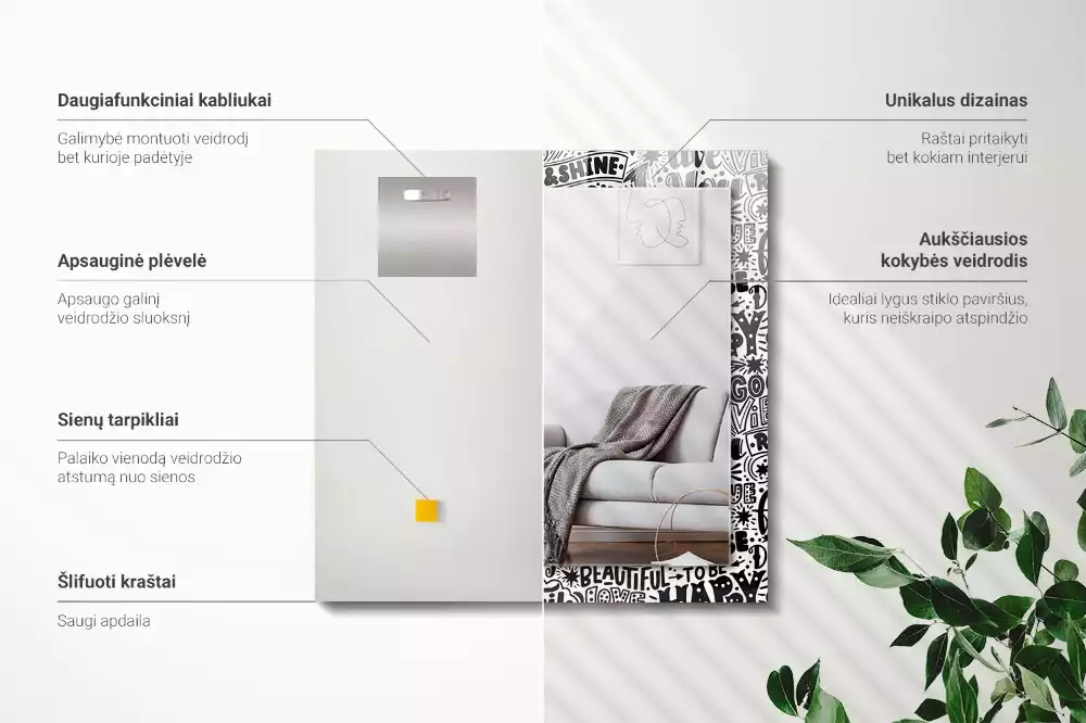 Miroir rectangulaire avec cadre imprimé citations motivationnelles manuscrites