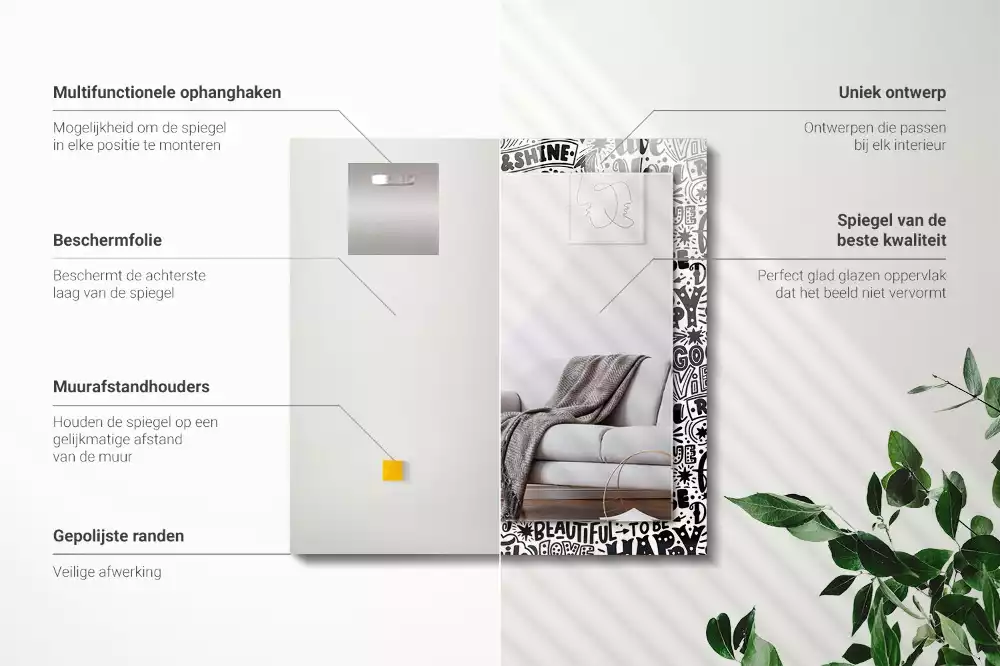 Miroir rectangulaire avec cadre imprimé citations motivationnelles manuscrites
