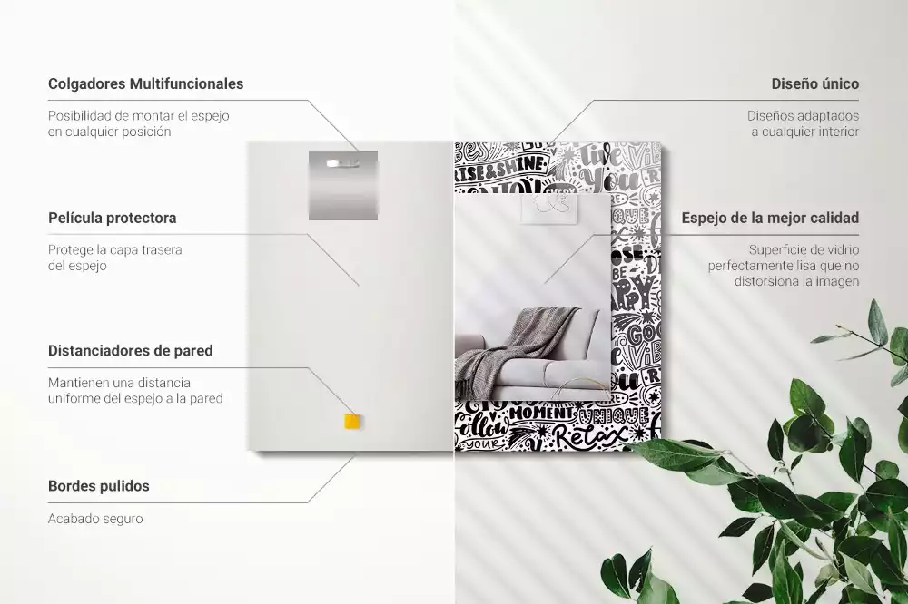 Miroir rectangulaire avec cadre imprimé citations motivationnelles manuscrites