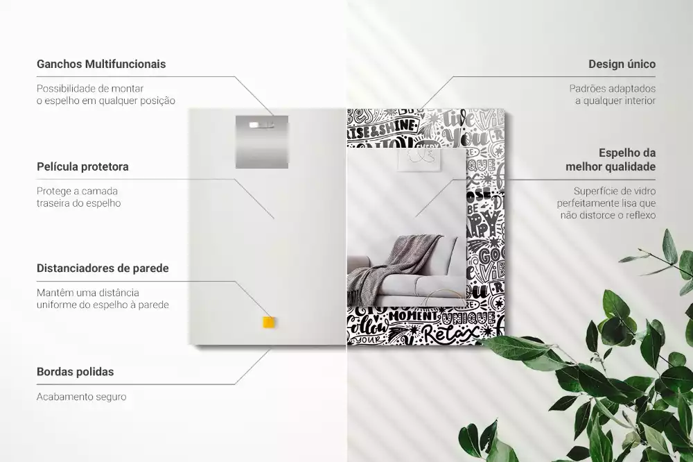 Miroir rectangulaire avec cadre imprimé citations motivationnelles manuscrites