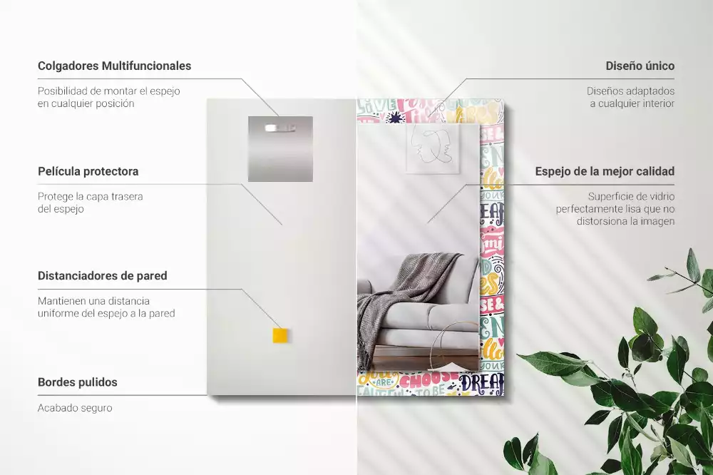 Miroir rectangulaire à cadre imprimé inscriptions motivationnelles colorées