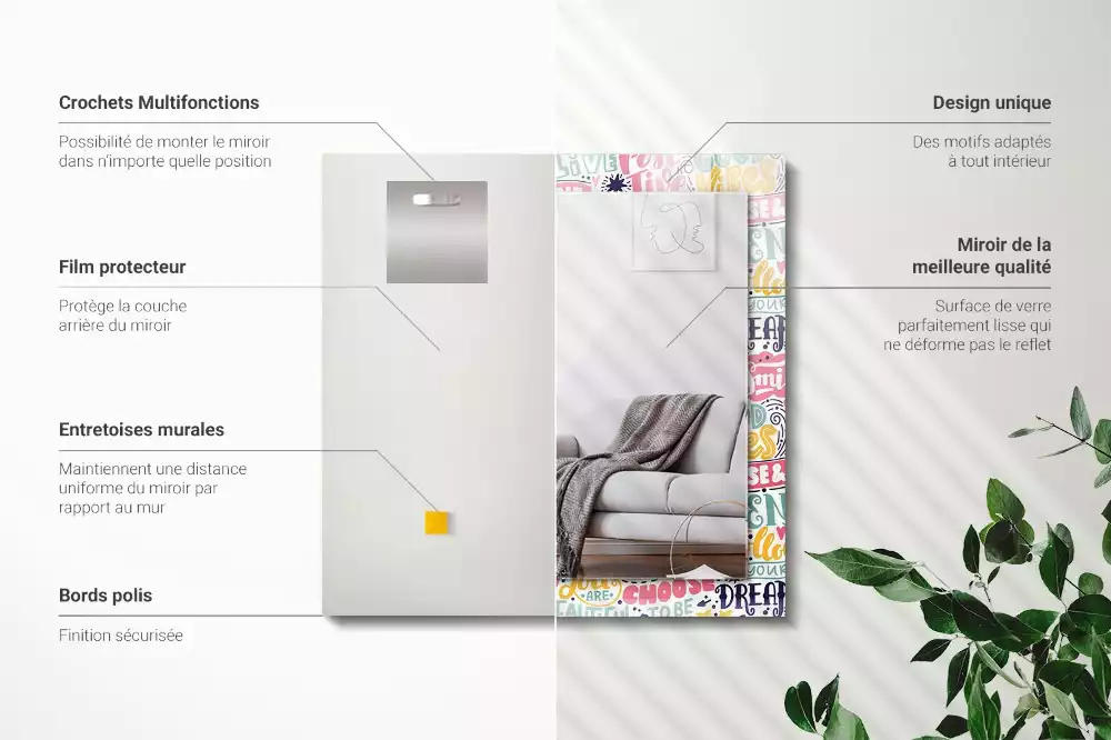 Miroir rectangulaire à cadre imprimé inscriptions motivationnelles colorées
