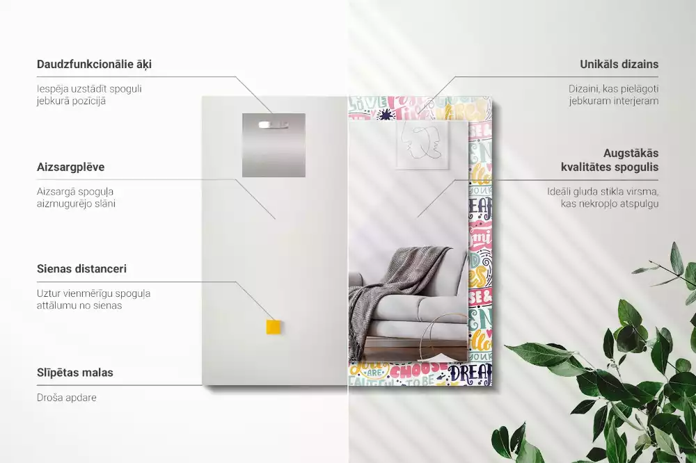 Miroir rectangulaire à cadre imprimé inscriptions motivationnelles colorées