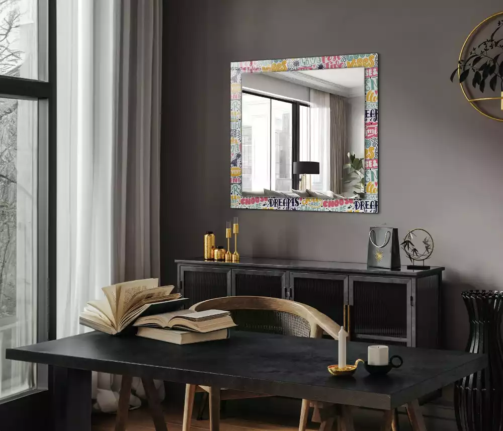 Miroir rectangulaire à cadre imprimé inscriptions motivationnelles colorées