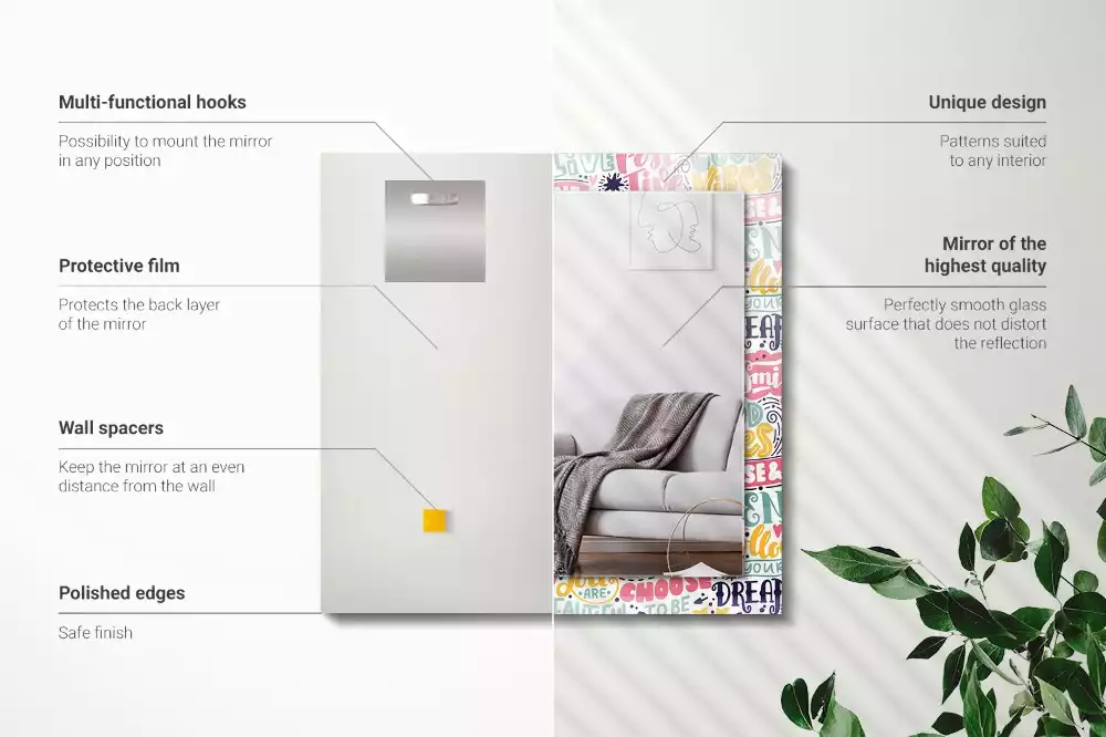Miroir rectangulaire à cadre imprimé inscriptions motivationnelles colorées