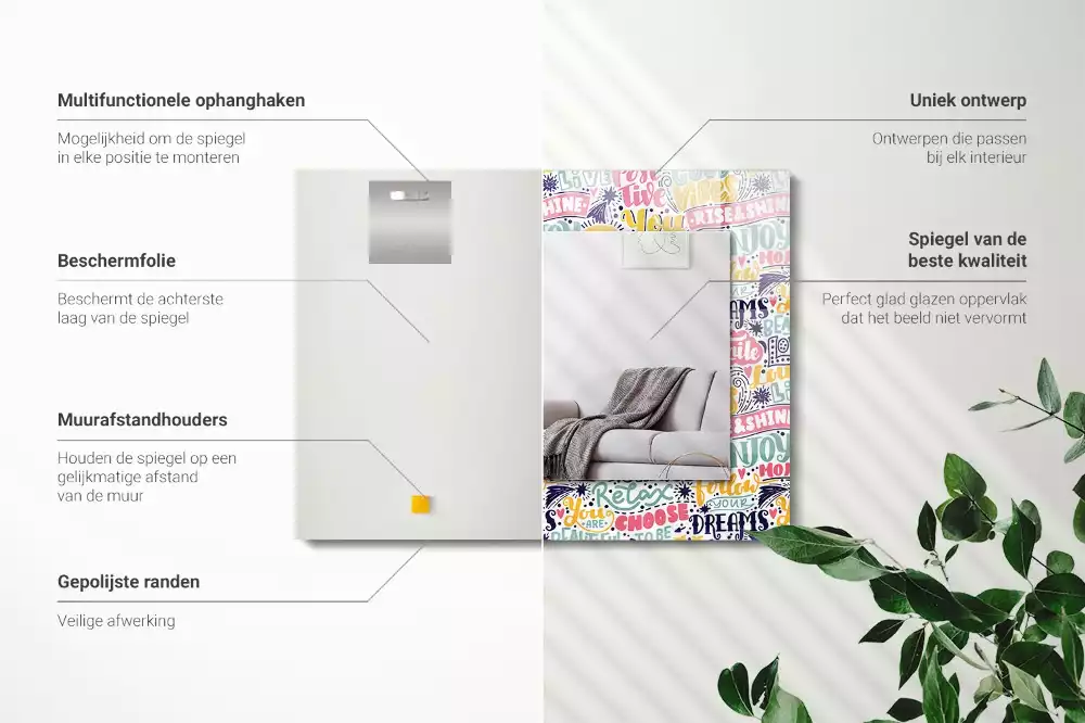 Miroir rectangulaire à cadre imprimé inscriptions motivationnelles colorées