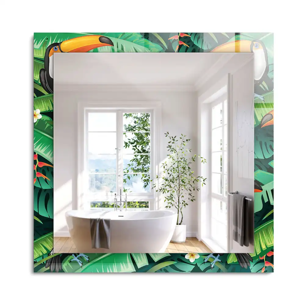 Miroir rectangulaire avec cadre imprimé toucans et feuilles dans la jungle