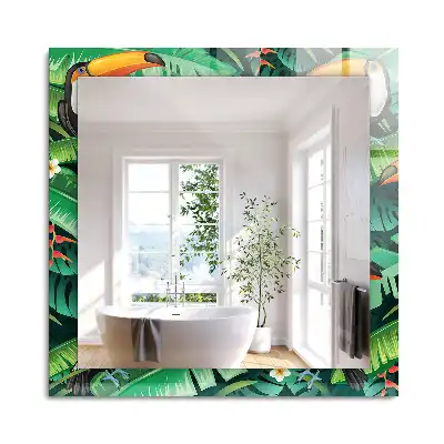 Miroir rectangulaire avec cadre imprimé toucans et feuilles dans la jungle