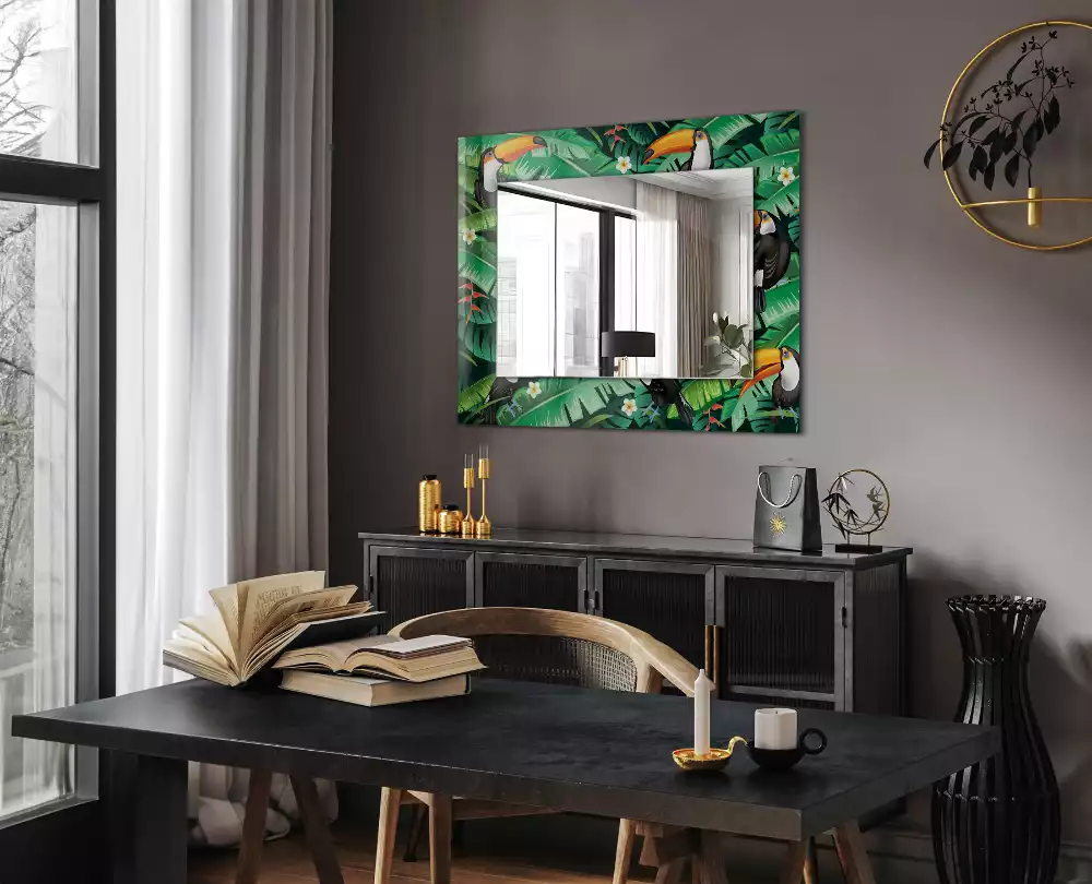 Miroir rectangulaire avec cadre imprimé toucans et feuilles dans la jungle