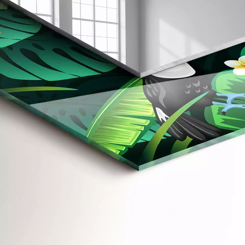 Miroir rectangulaire avec cadre imprimé toucans et feuilles dans la jungle