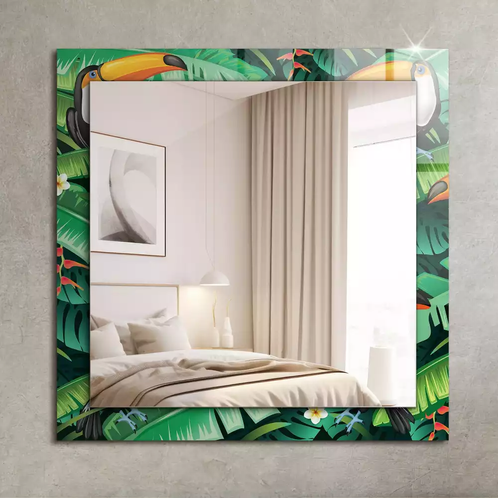 Miroir rectangulaire avec cadre imprimé toucans et feuilles dans la jungle