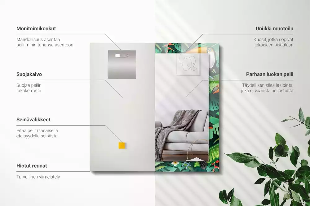 Miroir rectangulaire avec cadre imprimé toucans et feuilles dans la jungle