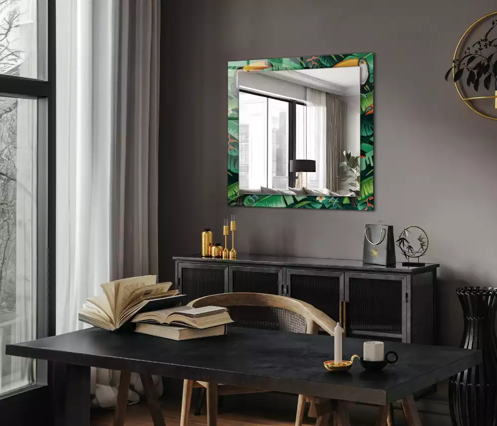 Miroir rectangulaire avec cadre imprimé toucans et feuilles dans la jungle