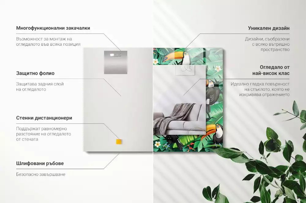 Miroir rectangulaire avec cadre imprimé toucans et feuilles dans la jungle