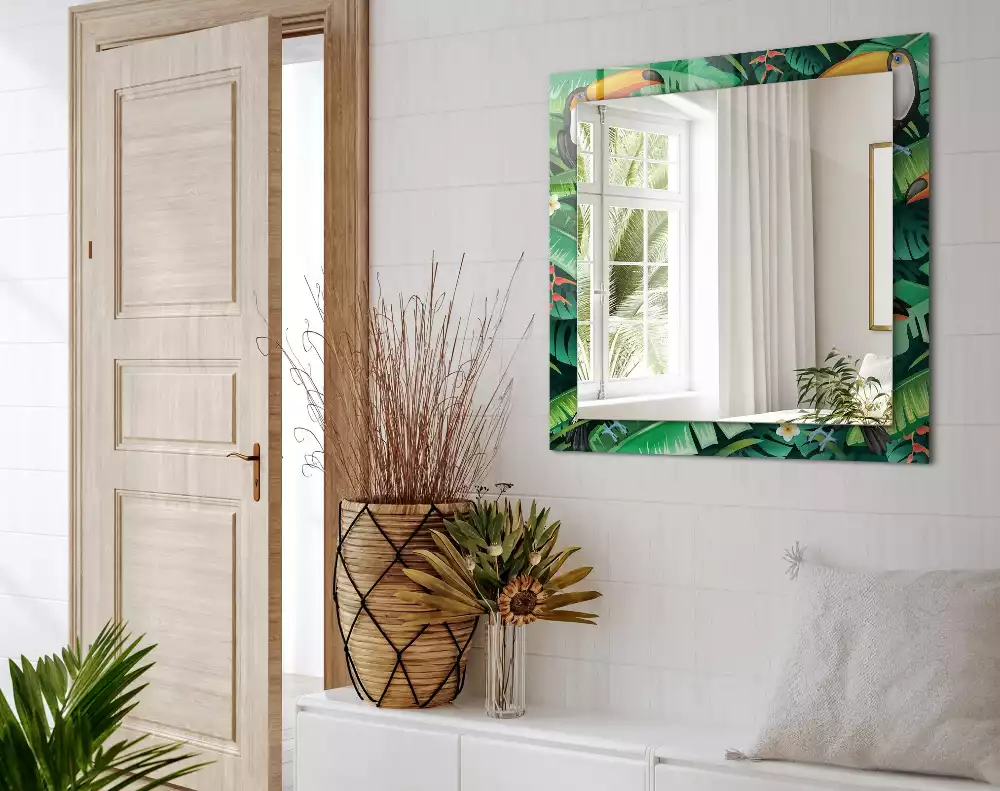 Miroir rectangulaire avec cadre imprimé toucans et feuilles dans la jungle