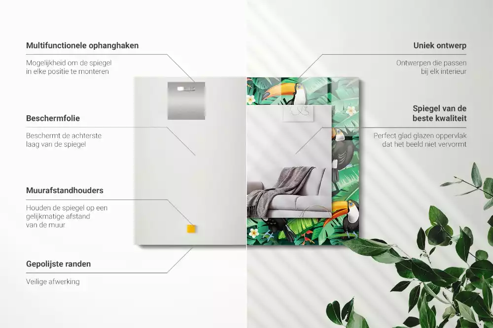 Miroir rectangulaire avec cadre imprimé toucans et feuilles dans la jungle