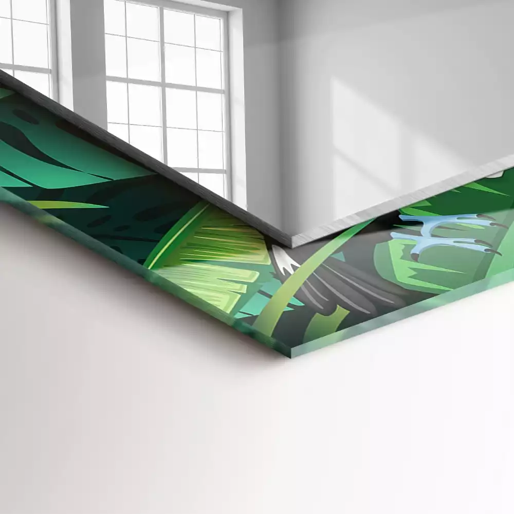Miroir rectangulaire avec cadre imprimé toucans et feuilles dans la jungle