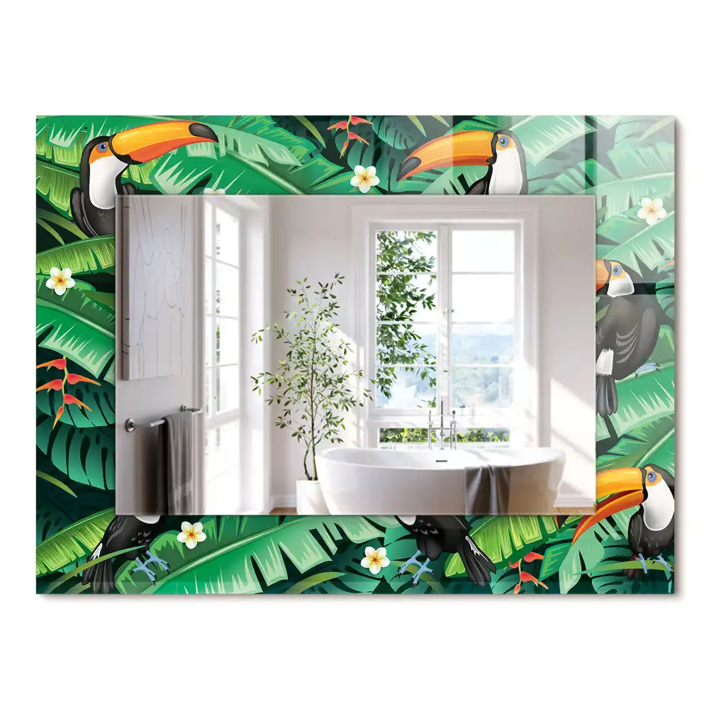Miroir rectangulaire avec cadre imprimé toucans et feuilles dans la jungle