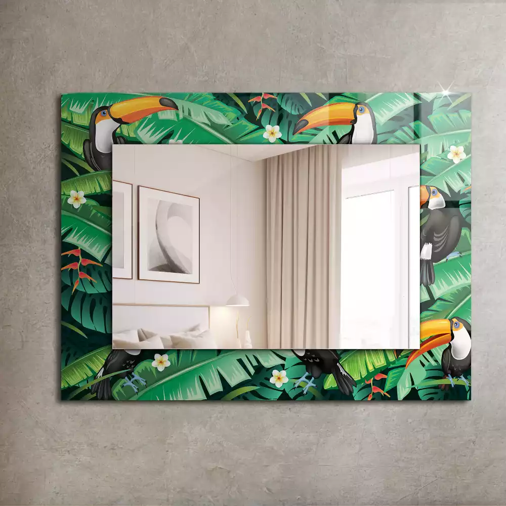 Miroir rectangulaire avec cadre imprimé toucans et feuilles dans la jungle