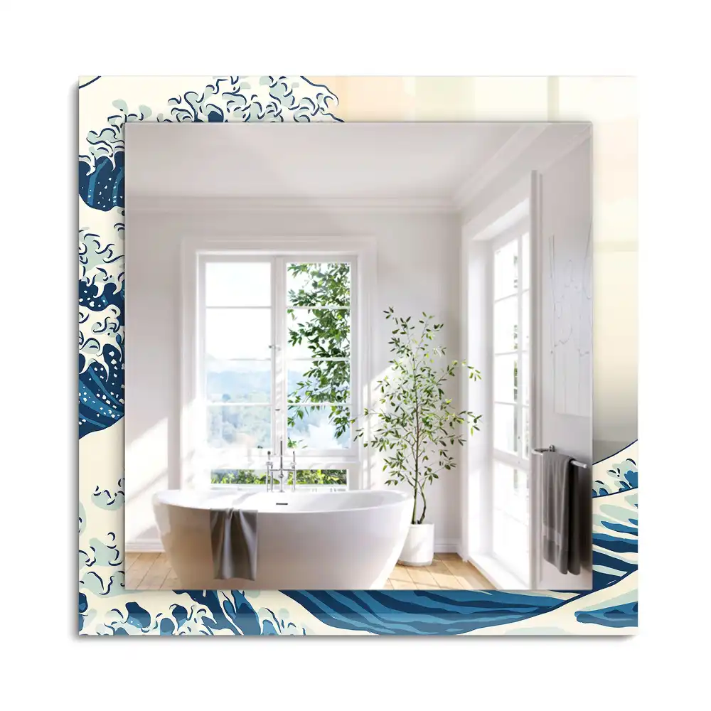 Miroir rectangulaire avec cadre imprimé la grande vague de kanagawa
