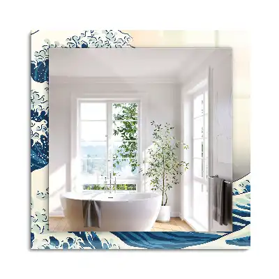 Miroir rectangulaire avec cadre imprimé la grande vague de kanagawa