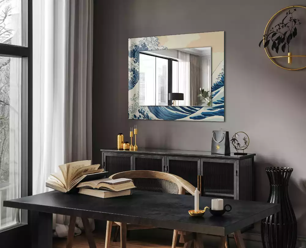 Miroir rectangulaire avec cadre imprimé la grande vague de kanagawa
