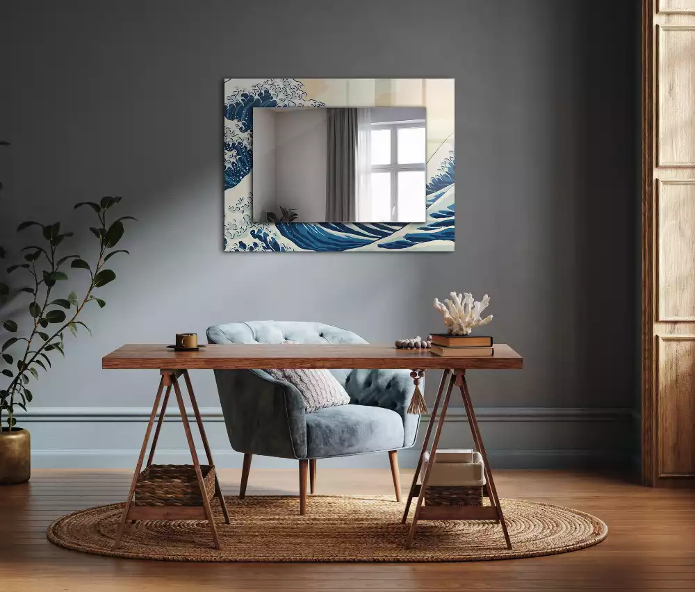 Miroir rectangulaire avec cadre imprimé la grande vague de kanagawa