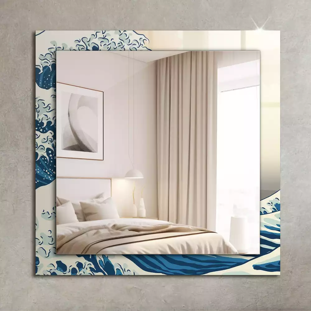 Miroir rectangulaire avec cadre imprimé la grande vague de kanagawa
