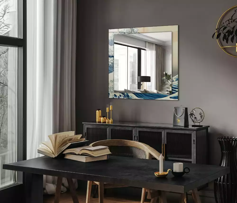 Miroir rectangulaire avec cadre imprimé la grande vague de kanagawa