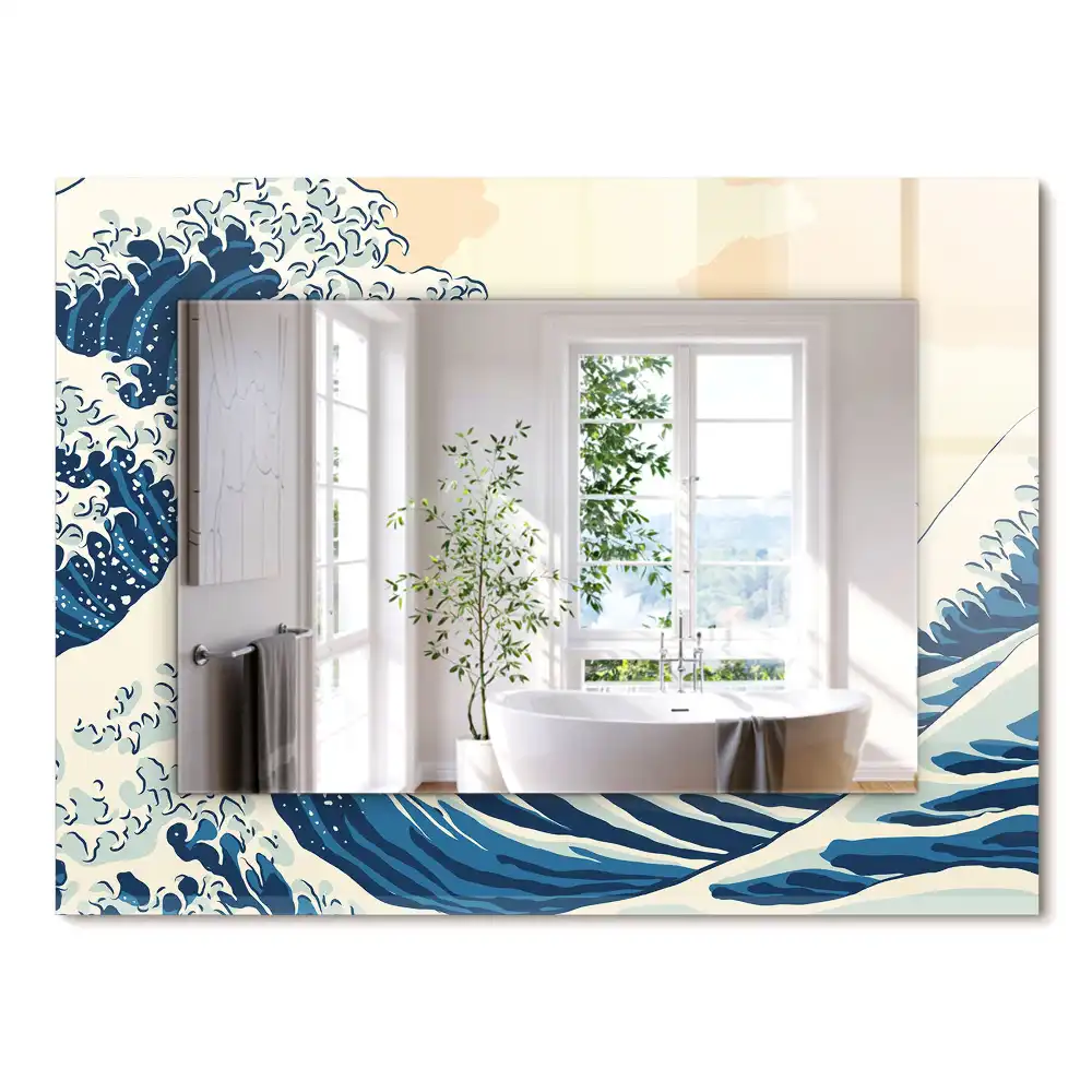 Miroir rectangulaire avec cadre imprimé la grande vague de kanagawa