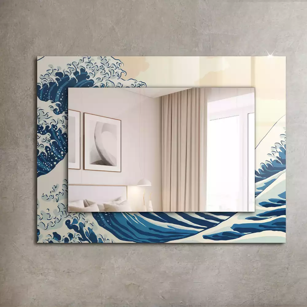 Miroir rectangulaire avec cadre imprimé la grande vague de kanagawa