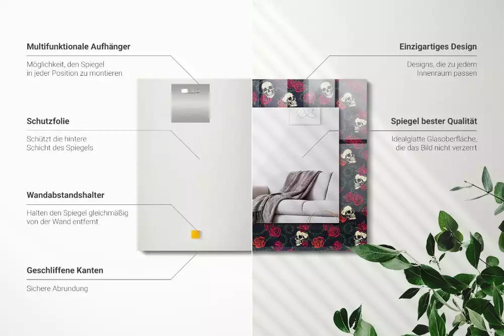 Miroir rectangulaire à cadre imprimé crânes roses et épines