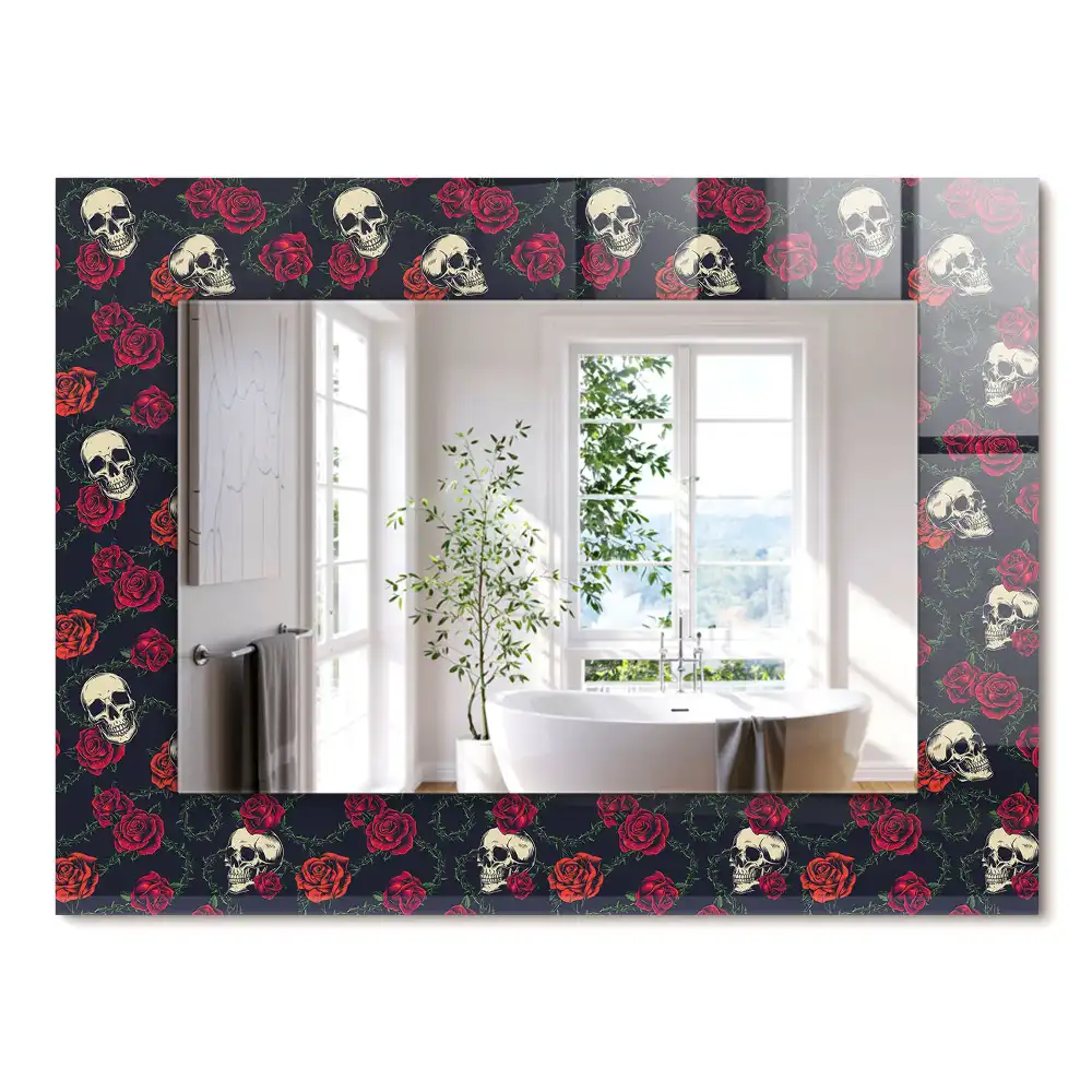 Miroir rectangulaire à cadre imprimé crânes roses et épines