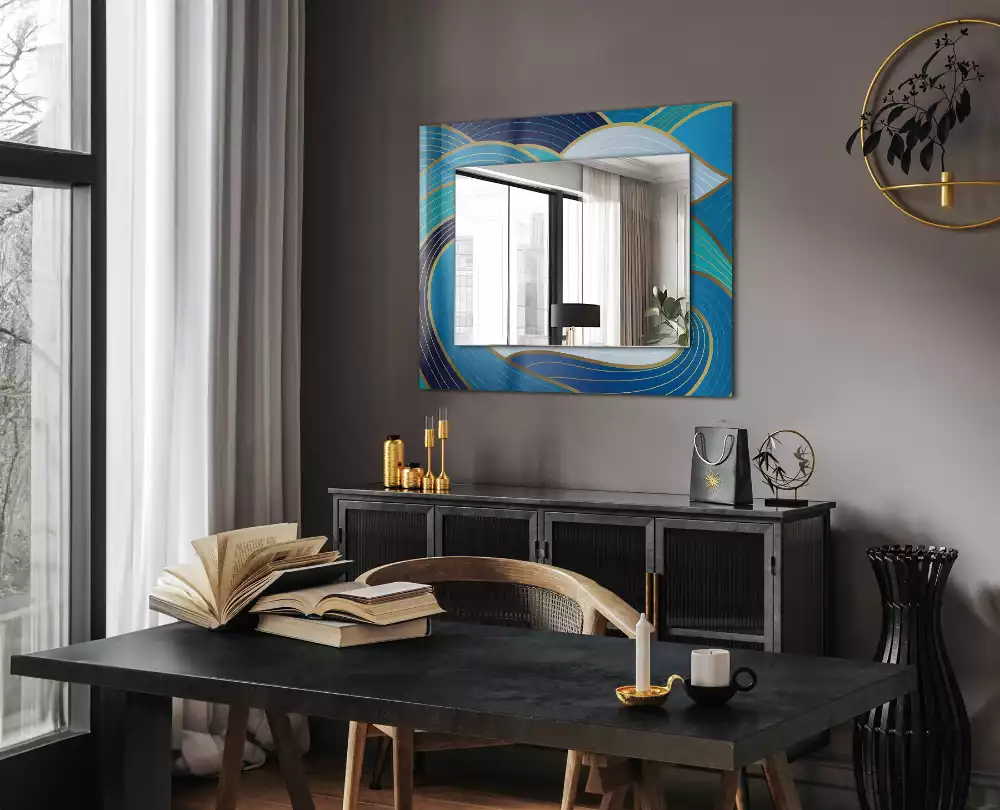 Miroir rectangulaire imprimé motifs ondulés bleu clair