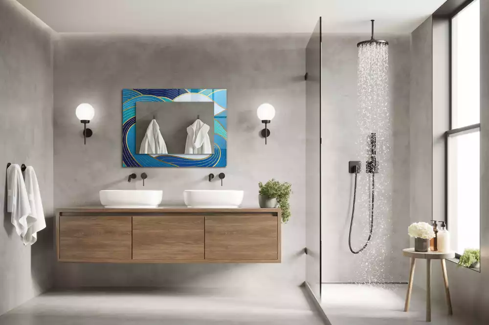 Miroir rectangulaire imprimé motifs ondulés bleu clair
