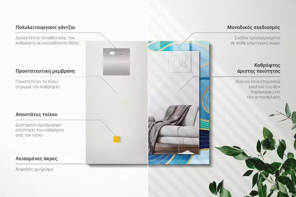 Miroir rectangulaire imprimé motifs ondulés bleu clair